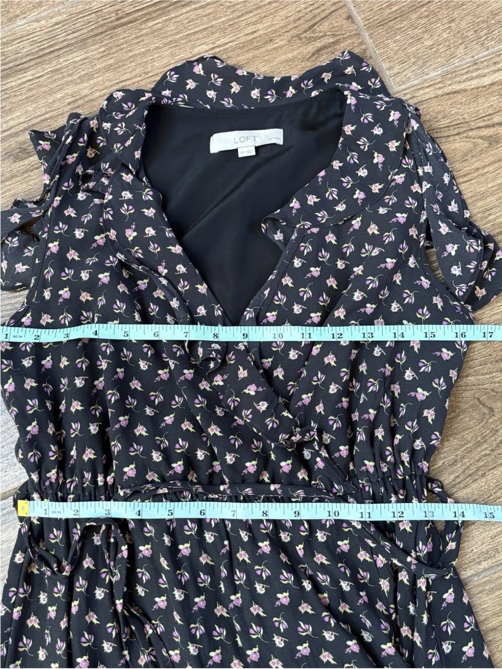 LOFT Petite Black Floral Wrap Midi Dress Autumn Wedding Guest Ruffle SP - Picture 7 of 8